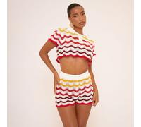 Short Sleeve Wave Stripe Detail Crop Top And High Waisted Shorts In Multi Crochet Knit, Women's Size UK Large L