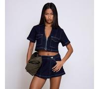 Short Sleeve Zip Front Stitch Detail Top In Indigo Blue Denim, Women's Size UK 14
