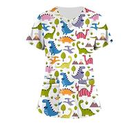 Short Sleeved Hiking Scrub Tops Ladys Oversize Soft with Designs Tee Shirts Baggy with Pockets V Neck Dinosaur Thin Winter Scrub Tops Ladies