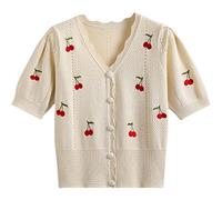 Short Sleeved Shirt, Women'S Summer Knitted T-Shirts Beige V-Neck Hollow Cherry Fruit Embroidered Button Cardigan Crop Tops Sexy Charm Short Sleeve Tees Shirt Casual Y2K Thin T Shirts Tops,Beige