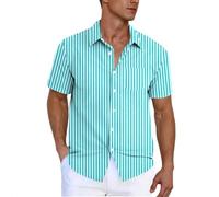 Short Sleeved Shirts for Men Adult, Mens Summer Shirts UK Sale Clearance Striped Printed Regular Fit Casual Shirt Button Down Turn-Down Collar Tops Holiday Beach Shirt with Pocket Light Blue