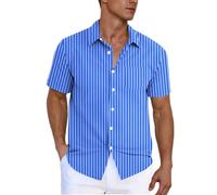 Short Sleeved Shirts for Men Adult, Mens Summer Shirts UK Sale Clearance Striped Printed Regular Fit Casual Shirt Button Down Turn-Down Collar Tops Holiday Beach Shirt with Pocket Blue