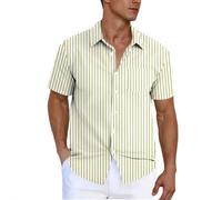 Short Sleeved Shirts for Men Adult, Mens Summer Shirts UK Sale Clearance Striped Printed Regular Fit Casual Shirt Button Down Turn-Down Collar Tops Holiday Beach Shirt with Pocket Khaki