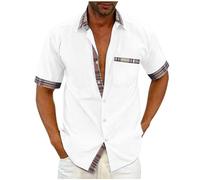 Short Sleeved Shirts for Men Smart Casual Shirt UK Sale Clearance Lapel Collar Button Down Regular Fit Business Formal Shirt Color Block Blouse Office Casual Shirt Summer Tshirts Plus Size 22