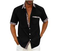 Short Sleeved Shirts for Men Smart Casual Shirt UK Sale Clearance Lapel Collar Button Down Regular Fit Business Formal Shirt Color Block Blouse Office Casual Shirt Summer Tshirts Plus Size 22