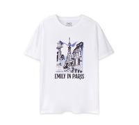 Emily in Paris Womens T-Shirt in White | Sketched Parisian Landscape Short Sleeve Oversized Graphic Tee for Adults | Lightweight Short-Sleeved Top | Netflix Series Merchandise Gift for Women