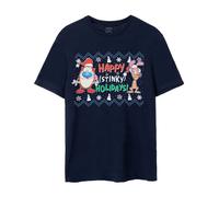 Nickelodeon Ren & Stimpy Mens Christmas T-Shirt | Navy Blue Happy Stinky Holidays Graphic Tee for Adults | Short Sleeve Crewneck Festive Cartoon Top | Classic Apparel for Him