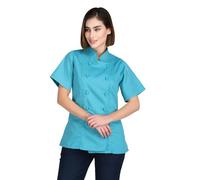 Short Sleeves Knotted Cloth Buttons Women Chef Coat Jacket Uniform ideal for food service, Caterers and Culinary professional (Small, Turquoise)