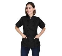 Short Sleeves Knotted Cloth Buttons Women Chef Coat Jacket Uniform ideal for food service, Caterers and Culinary professional (Large, Black)