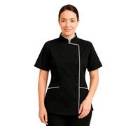 Short Sleeves Tailored Fit Chef Coat Jacket Uniform for Women for Food Service, Caterers, Bakers and Culinary Professional, Black/White Trim, Large