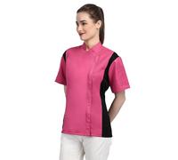 Short Sleeves Zipper Chef Coat Jacket Uniform for women with Side Mesh ideal for Caterers and Culinary professional (Pink, Medium)