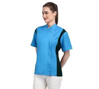 Short Sleeves Zipper Chef Coat Jacket Uniform for women with Side Mesh ideal for Caterers and Culinary professional (Sky Blue, Large)