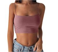 Short Spaghetti Top Women's Crop Top Spaghetti Short Top Y2K Casual Tank Top Integrated Bra Large Sizes Short Tank Top Crop Top Summer Sexy T-Shirt Sleeveless T-Shirt Cotton, khaki, S