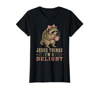 Short Spine Seatle Raccoon Jesus Thinks I'm a Delight Value Graphic T-Shirt, Women, Black, XL