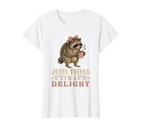 Short Spine Seatle Raccoon Jesus Thinks I'm a Delight Value Graphic T-Shirt, Women, White, S