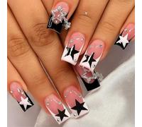 Short Square Acrylic False Nails With Glossy Gel-Like Finish & Black White Star Rhinestone Design - Reusable Press-On Manicure Tips For Women, Ideal For Party Or Daily Use With Short Length