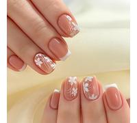 Short Square Almond Press On Nails with Nude Pink French Floral Design - 24PCS Glossy Handmade Reusable Manicure Kit for Women, Elegant Medium Length False Nails Set with White Tip and Delicate Vine