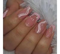 Short Square Artificial Nail Tips with Glossy Pink Gradient & Glitter Border - 24PCS Soft Pink French Tip Swirl Fake Nails Kit for Women, Removable Stick-On Full Cover Acrylic Art with Tools