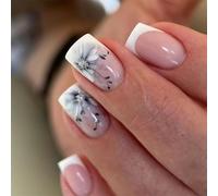 Short Square Artificial Nails With Flower Full Covers Sticking On Nails Acrylic Press On For Women And Girls 24Pcs Press Nail