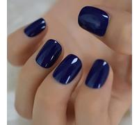 Short Square Dark Blue False Nails Glossy Pure Color Collection,24Pcs Full Cover Acrylic Stick on Nails with Jelly Glue for Women Girls Nails Art (Dark Blue)