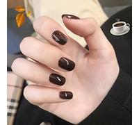 Short Square Dark Brown False Nails Glossy Pure Color Collection,24Pcs Full Cover Acrylic Stick on Nails with Jelly Glue for Women Girls Nails Art (Dark Brown)