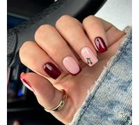 Short Square Fakes Nails French Wine Red Cherrys Design ABS Materials For Daily Wear Comfortable Press On Nail