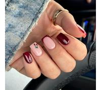 Short Square Fakes Nails French Wine Red Cherrys Design ABS Materials For Daily Wear No Tools Required Fakes Nail Almond Shape