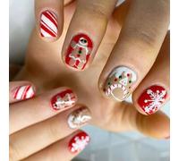 Short Square False Nails Candy House Full Covers Stick On Nails Christmas Press On Nails With Gingerbreads Man Designs