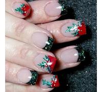 Short Square False Nails Christmas Press On Cherries Full Covers Stick French Tip Artificial Christmas Full Cover Stick French Tip False Cherries Press
