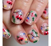 Short Square False Nails Christmas Press On Nails Lovely Cartoon Car False Nails Christmas Light Strips Stick On Nails