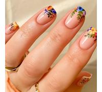 Short Square False Nails, Glossy Full-Cover Floral Design, Pale Pink | Multicoloured Blossom Artwork With Green Foliage, Coordinated Manicure For Everyday Wear, Spring And Summer Looks