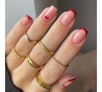 Short Square False Nails, Glossy Nude Pink French Tips with Red Heart | Gently tapered sides, coordinated pattern avoids hand-painting details, for home manicures, daily wear and social occasions