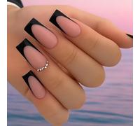 Short Square False Nails, Nude Pink and Black French Tips, Silver Detail | Two-tone geometric pattern, glossy and matte finish, coordinated manicure for everyday outfits and social occasions