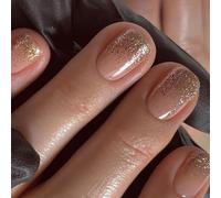 Short Square French Tip Glittery Gold Press On Nails - Reusable Acrylic Full Coverage False Nails Set With Glossy Finish For Everyday Wear, Parties & Special Occasions, Modern Square Shape, Easy