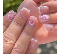 Short Square French Tip Press On False Nails with Pink Cherry Blossom Floral Design - Glossy Full Cover Fake Nails Kit for Women Girls Bridal Showers Spring Summer Casual Occasions Various Sizes