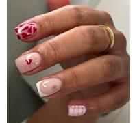 Short Square French Tip Press on Nails - 24 Pieces Glue on Nails with Red Heart & Star - Reusable Stick on Nails for Women - Cute Full Cover Nails Press Ons DIY Nail Art