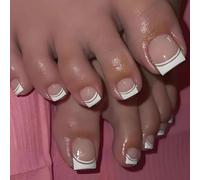 Short Square French Tip Toenails With Glossy Nude Base - 12 Sizes Stick On Artificial Pedicure Set, Pre-Shaped White Tips For Easy DIY At-Home Application & Salon-Quality Finish