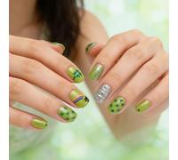 Short Square Green Press on Sticker Nails with Metallic Rainbow and Shamrock Print for Women Easy to Wear Daily Use Fast Change Artificial Nails