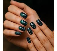 Short Square Nail Tips With Cosmic Ombre Glossy Finish In Dark Green To Black - Galaxy Design With Golden Stars And White Crescent Moons For Everyday Or Fantasy Themed Manicure, Ready To Wear Nail