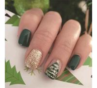 Short Square Press-On Fake Nails Glitter Christmas Treen Nail Art Decoration Green Color Manciure for Women and Girls 24pcs