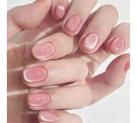 Short Square Press-On Fake Nails Shimmer Pink Cat's Eye Nail Art Decoration Sweet Shiny Manciure for Women and Girls 24pcs