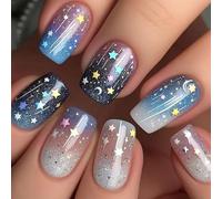 Short Square Press-On False Nails, 24-Piece Celestial Glitter Gradient Set | Blue, Purple, Pink, Silver-Grey And Black Colours, Raised Stars And Crescent Motifs, For Everyday Manicures And Parties