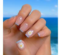 Short Square Press-On False Nails, Blue French Tips, Daisy Design, 24-Piece | Glossy Nude-Pink Base, Fine Silver-Toned Glitter, Coordinating Floral Styles, For Home Manicures And Seasonal Occasions