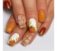Short Square Press-On Nails, 24-Piece Autumn Glitter And Pumpkin Set | Jelly Adhesive Tabs, Burnt Orange, Brown And Cream Tones, Checked, Leaf And Floral Patterns, Home Or Event Manicures