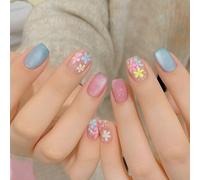 Short Square Press On Nails 24PCS - Pastel Pink & Blue Floral Fake Nails with Daisy Accents, Stick On Nails for Women, Reusable False Nails for Winter Holiday & Early Spring Looks
