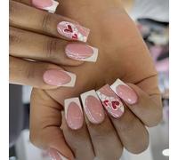 Short Square Press On Nails 24pcs With Sweet Heart Designs French Valentine's Day Nails Accesories For Women And Girls Nail Art Decoration