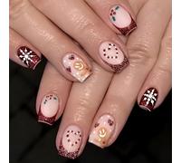 Short Square Press On Nails - Christmas False Nails With Glue - Ruby Red & Fine Glitter French Tips Design For Xmas - 24pcs Stick On Nails With Gingerbread Man & Heart
