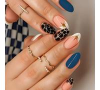 Short Square Press On Nails, Deep Teal Blue Abstract French Tip | Nude peach pink and ivory white colour block, gold accent lines, star details, for parties and everyday manicures