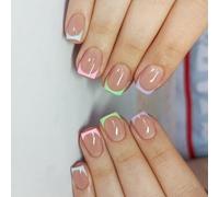 Short Square Press On Nails Fake Nails Glossy Acrylic Artificial Nails Stick On Nails For Womens 24Pcs Glues On Nails
