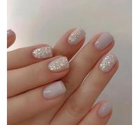 Short Square Press-On Nails, Silver Shimmer And Glitter, 24 Pieces | Glossy Finish, Iridescent Reflective Pieces, Mixed Plain And Decorative Design, For Home Manicures And Evening Events